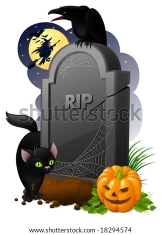 Gravestone With Pumpkin, Black Cat ,Crow And Witch Stock Photo 18294574 ...