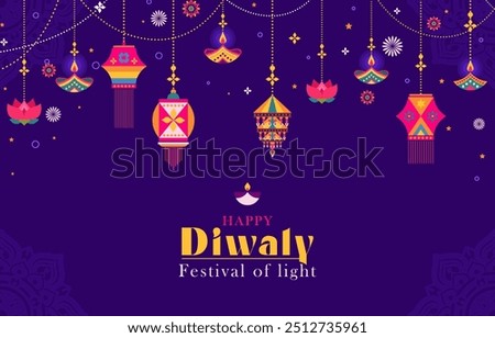 Happy Diwali Hindu festival horizontal banner, greeting card, cover. Burning diya illustration, background of light festival