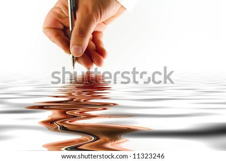 Hand with pen  on white background. Isolated object