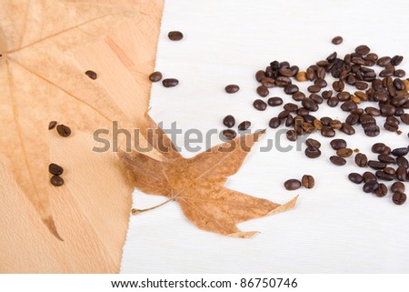 Few scattered on the surface of a table of roasted coffee beans