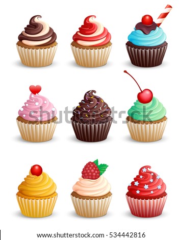 Set cupcakes on a white background. Icons. Isolated. Sweet pastries decorated with cherry, raspberries, heart, candy, mint, chocolate and cowberry. Vector illustration. 3D.