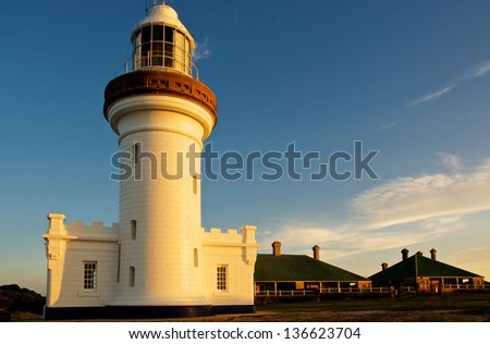 The lighthouse at Point Perpendicular shot at dawn. Behind the lighthouse are the two cottages set aside for the lighthouse keeper to live in.