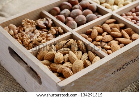 Assorted nuts in rusted wooden box - walnut, almond, hazelnut, cashew and peanuts placed on burlap background