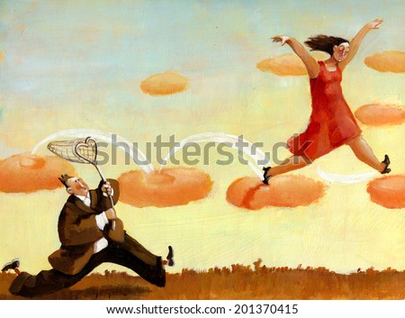 A woman jumps in the clouds a man following her with a heart-shaped screen to capture