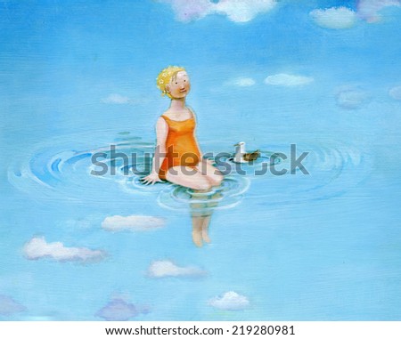a woman in red costume sitting floats in the sky that seems water is noon, next to her a seagull looks