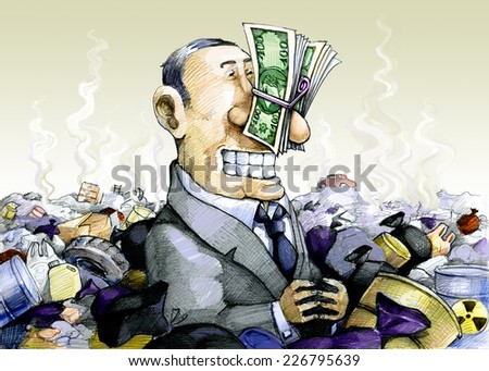a man immersed in the trash, plugging his nose with money