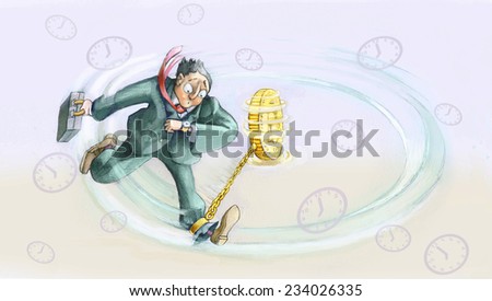 a man runs in a circle puffing chained to a coin