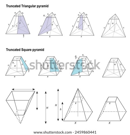 Vector set of Truncated Square and Truncated Triangular pyramids. Geometric forms for math education. Basic 3d shapes.