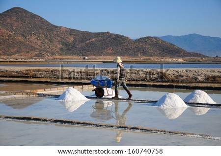 NINHTHUAN, VIETNAM, MAY 03: A man works in salt field on May 03, 2013 in Ninhthuan, Vietnam. Ninhthuan is central province in Vietnam