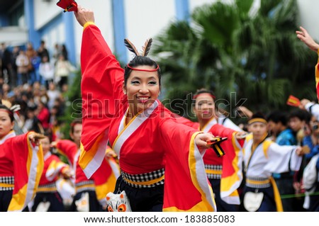 HANOI, VIETNAM, MARCH 4: Artists perform Yosakoi dance in Japan festival on March 4, 2014 in Hanoi, Vietnam. This festival was hold annual by the Japan-Viet Nam Cultural Association Foundation