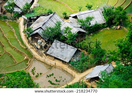 Houses of Hmong ethnic minority people in terraced rice field in Sapa, Vietnam