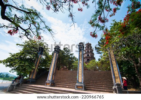 HUE, VIETNAM, MAY 2: Tourist are near Thien Mu pagoda on May 2, 2014 in Hue, Vietnam. Hue, a UNESCO World Heritage site.