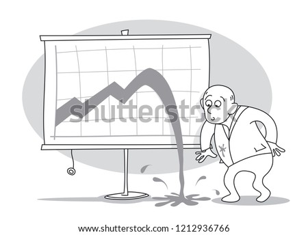 Old businessman looking surprised at the graph of the growth curve and can not believe that a crisis has occurred. Cartoon vector illustration