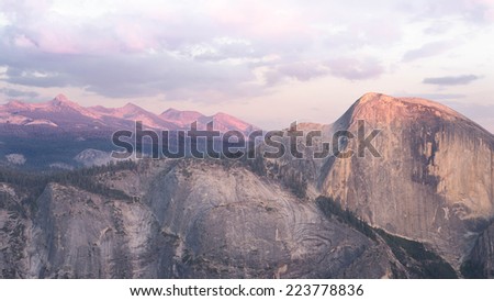 Half Dome at Dusk with Pink Mountains in the Background, Yosemite Park, California, USA