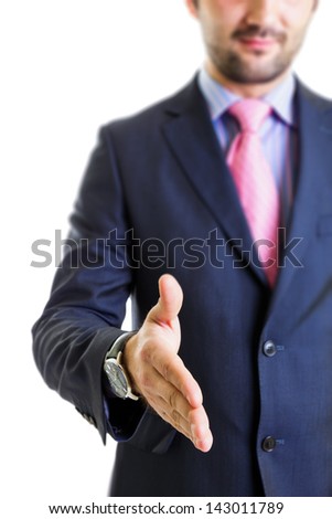 Businessman having a deal isolated on white.Focus on finger-tips.