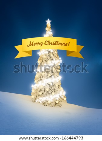 Merry Christmas card with golden ribbon and golden glowing snow-covered christmas tree in background