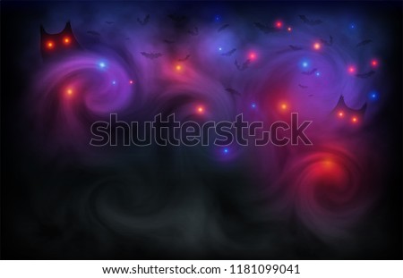 Halloween scary vector dark background with magic red and blue lights evil eyes, owls and bats silhouettes in mystic fog.