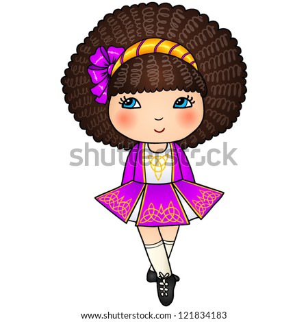 Little Irish Dancing Girl In Violet Traditional Dress And Soft Shoes ...