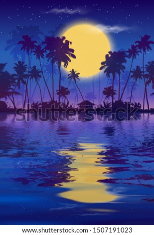 Yellow full moon in dark blue night sky with black palm trees silhouettes and water reflection. Vector fullmoon party poster vertical background.