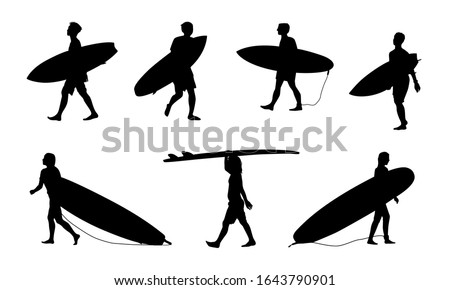 Black surfers with surfboards vector silhouettes set isolated on white background
