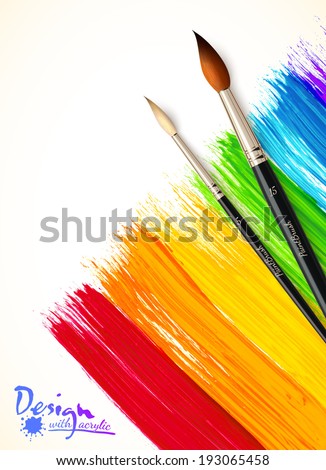 Acrylic painted rainbow with paintbrushes, vector background