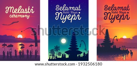 Balinese traditional hindu new year vector colourful posters templates set: Melasti ceremony, Nyepi (silence day) and Happy New Year with temples and people silhouettes