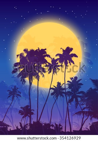 Yellow moon with dark blue palm silhouettes vector poster background