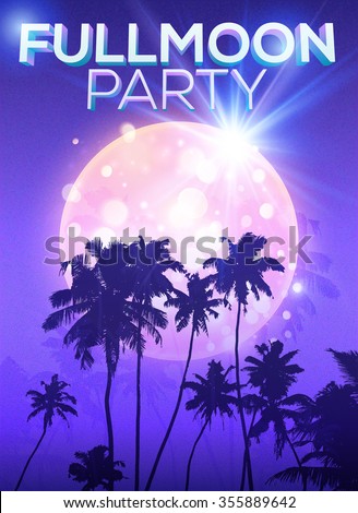 Violet fullmoon party vector poster template with big moon and dark palms silhouettes