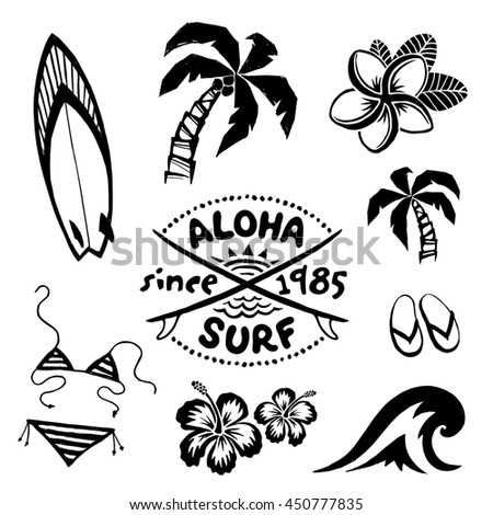 Tropical Surfing And Relax Symbols Ink Sketch Set In Tattoo Style Stock ...