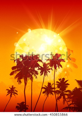 Yellow shining moon with black palm trees silhouettes on orange vector background