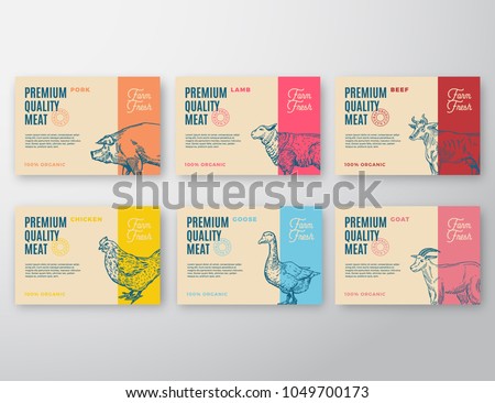 Premium Quality Meat and Poultry Labels Set. Abstract Vector Packaging Design or Label. Modern Typography and Hand Drawn Animals Silhouette Background Layouts. Isolated.