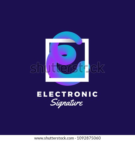 Electronic Signature Abstract Vector Blend Curve. Sign or Logo Template. Elegant Curved Line in a Shape of Letter E with Ultraviolet Gradient and Modern Typography. Dark Blue Background.