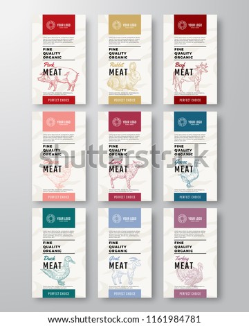 Fine Quality Organic Meat and Poultry Vertical Labels Set. Abstract Vector Packaging Design. Modern Typography and Hand Drawn Pig, Cow and Other Farm Animals Silhouette Background Layouts. Isolated.
