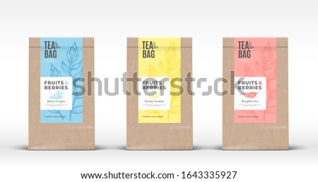 Craft Paper Bag with Fruit and Berries Tea Labels Set. Abstract Vector Packaging Design Layout with Realistic Shadows. Hand Drawn Raspberry, Lemon and Grapes Silhouettes Background. Isolated.