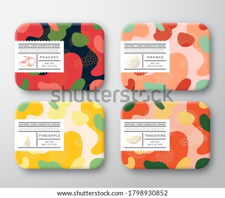 Bath Care Cosmetics Boxes Set. Vector Wrapped Containers Label Cover Collection. Packaging with Hand Drawn Peach, Orange, Tangerine and Pineapple. Abstract Camo Background Pattern Layout. Isolated.