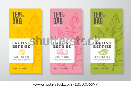 Exotic Fruits Tea Labels Set. Vector Packaging Design Layouts Bundle. Modern Typography, Hand Drawn Tea Leaves, Quince, Passion Fruit and Durian Silhouettes Background. Beverage Banners. Isolated.