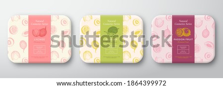 Exotic Fruits Bath Cosmetics Package Set. Abstract Vector Wrapped Container Labels. Packaging Design Collection. Hand Drawn Lychee, Durian and Passion Fruit Background Pattern Layout. Isolated.
