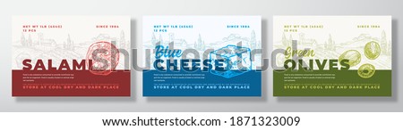 Salami Sausage, Olives and Blue Cheese Food Label Templates Set. Abstract Vector Packaging Design Layouts Bundle. Modern Typography Banners with Hand Drawn Rural Landscape Background. Isolated.
