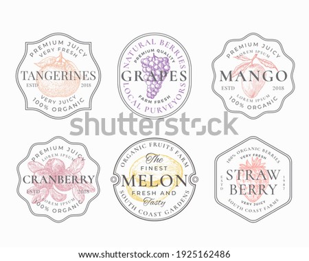 Fruits and Berries Frame Badges or Logo Templates Collection. Hand Drawn Tangerine, Mango, Grapes, Melon and Strawberry Sketches with Typography and Borders. Vintage Premium Emblems Set. Isolated.