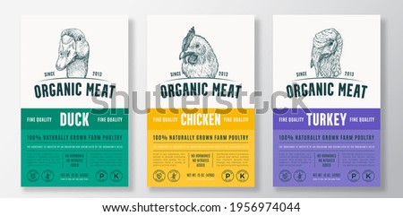 Organic Meat Abstract Vector Packaging Design or Label Templates Set. Farm Grown Poultry Banners. Modern Typography and Hand Drawn Chicken, Duck and Turkey Head Sketch Backgrounds Layout Collection.