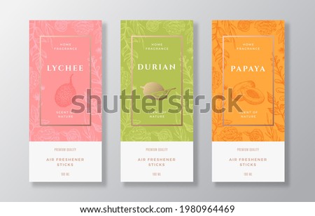 Home Fragrance Vector Label Templates Set. Hand Drawn Sketch Lychee, Durian, Papaya and Flowers Background with Typography. Room Perfume Packaging Design Layouts Realistic Mockup. Isolated.