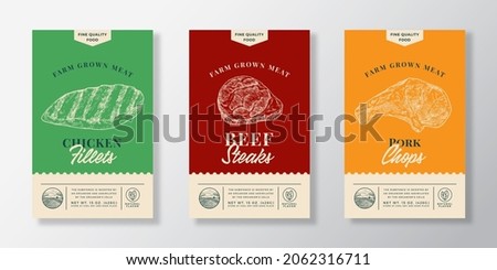 Meat Abstract Vector Packaging Labels Design Set. Modern Typography Banner, Hand Drawn Chicken Fillet, Beef Steak and Pork Chops Sketch Silhouettes. Color Paper Background Layouts Collection Isolated.