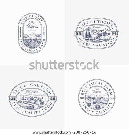 Local Farm and Outdoor Products Retro Frame Badges or Logo Templates Set. Hand Drawn Landscape Sketches with Windmill, Haystack, Mountains, Fields, Typography and Borders. Sketch Emblems Isolated