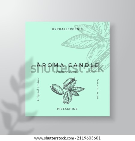 Aroma candle vector label template. Pistachio nuts scent from local purveyors advert design. Ink style sketch background layout decor. Natural smell product package text space