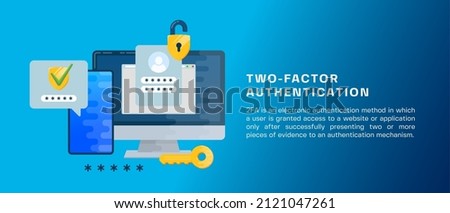 Two factor autentication security illustration banner. Login confirmation notification with password code message. Smartphone, mobile phone and computer app account shield lock icons. Isolated
