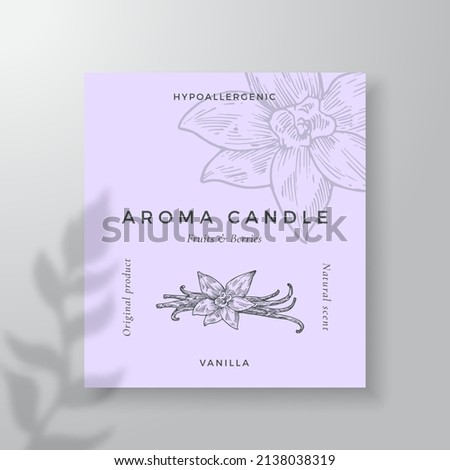 Aroma candle vector label template. Vanilla spice scent from local purveyors advert design. Ink style sketch flower background layout decor. Natural smell product package text space