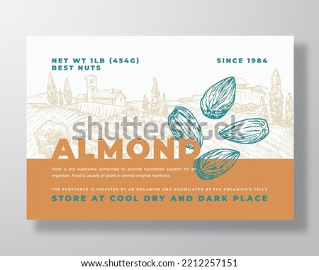 Fresh Local Almond Food Label Template. Abstract Vector Packaging Design Layout. Modern Typography Banner with Hand Drawn Nuts and Rural Landscape Background. Isolated