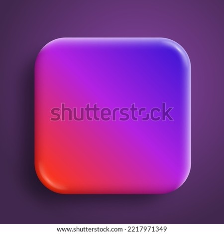 App icon glossy vector background. 3D button with purple neon holographic gradient and realistic soft shadow. Rounded rectangle shape for web and mobile applications