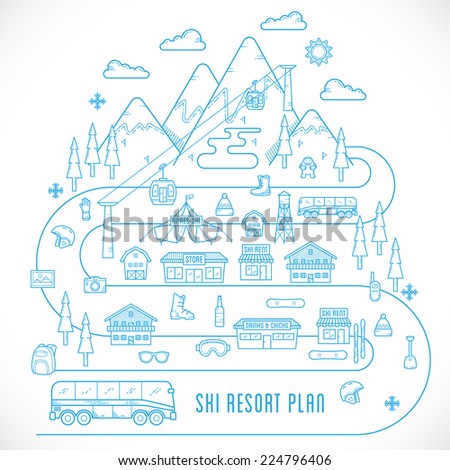 Line Style Vector Ski Resort Plan Vacation Illustration Isolated