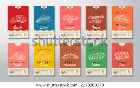 Meat, Fish, Poultry and Sausage Abstract Vector Packaging Labels Design Set. Modern Typography Banners, Hand Drawn Food Illustrations. Color Paper Background Layouts Collection. Isolated